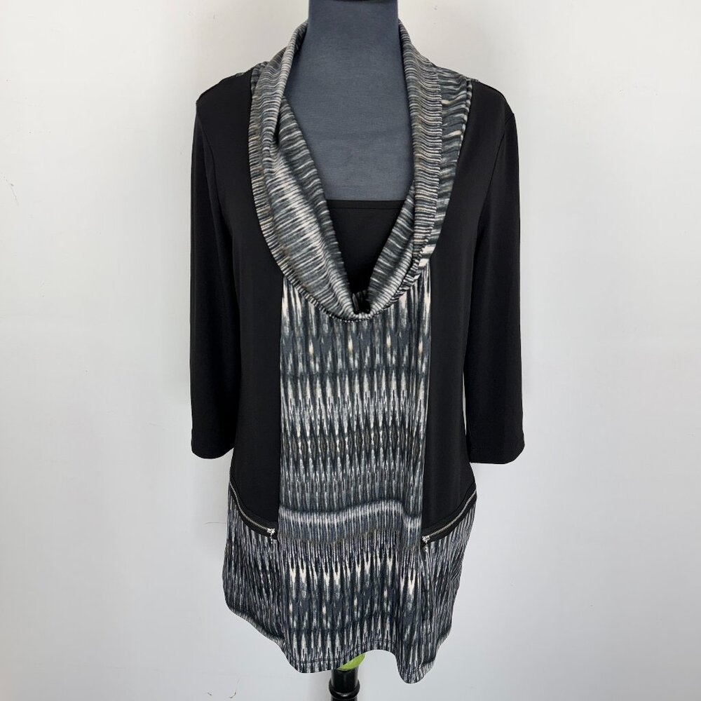 Cleo Petites Cowl Neck Tunic Top L Black Gray 3/4 Sleeve Zip Pockets Stretch‎